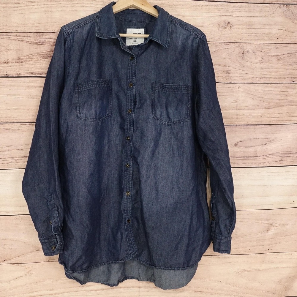 Sonoma Goods For Life Button-Up Womens XL Blue Chambray Everyday Shirt Top
